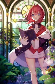 1girl ange_katrina ange_katrina_(1st_costume) arua bare_legs black_coat blue_eyes blurry book bug butterfly cardigan coat commentary_request crossed_bangs depth_of_field dress feet_out_of_frame glass_ornament greenhouse hair_between_eyes hair_intakes hair_ornament highres holding holding_book insect long_sleeves looking_at_viewer medium_hair nijisanji off_shoulder open_book open_mouth orange_butterfly plant red_cardigan red_hair short_dress solo standing triangle_hair_ornament virtual_youtuber white_dress wide_sleeves window