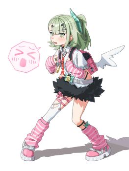 Rule 34 | > <, 1girl, arm warmers, bag, bandaid, bandaid hair ornament, black skirt, blush, commentary request, earrings, full body, fur-trimmed skirt, fur trim, green eyes, green hair, hair ornament, heart, heart hair ornament, highres, jewelry, leg warmers, lemon funa, looking at viewer, multiple hair clips, musical note earrings, necktie, open mouth, pink arm warmers, pink bag, pink leg warmers, pink shoes, ponytail, red necktie, ring, shirt, shoes, simple background, skirt, solo, spoken expression, standing, striped arm warmers, striped leg warmers, sunna (zenless zone zero), white background, white shirt, white wings, winged bag, wings, zenless zone zero
