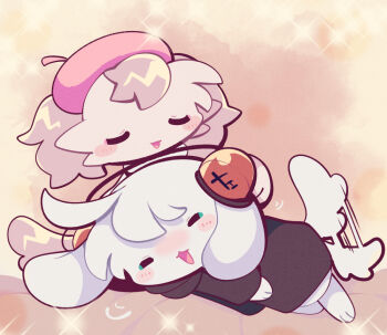 1boy 1girl :3 ahoge animal_ears animal_feet animal_hands artist_self-insert babichao bayachao beret blush brown_fur chibikemo commentary_request couple deformed dog_boy dog_ears dog_girl dog_tail furry furry_female furry_male furry_with_furry happy hat headphones hetero makemon! official_art pink_hat pochi_(makemon!) smile tail tail_wagging white_fur