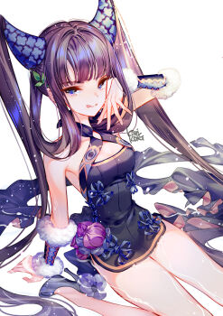 1girl bare_shoulders black_dress blue_eyes blunt_bangs blush breasts china_dress chinese_clothes cleavage closed_mouth commission detached_sleeves dress fate/grand_order fate_(series) hair_ornament high_heels highres kiwikong leaf_hair_ornament licking_lips long_hair looking_at_viewer medium_breasts purple_hair sensitive sidelocks simple_background sitting smile solo thighs tongue tongue_out twintails very_long_hair wariza white_background yang_guifei_(fate)