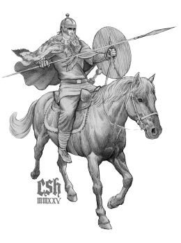 Rule 34 | 1boy, cape, christian sloan hall, graphite (medium), greyscale, helmet, highres, holding, holding polearm, holding shield, holding weapon, horse, horseback riding, monochrome, original, pants, pelt, polearm, reins, riding, shield, shirt, shoes, short hair, solo, spear, sword, traditional media, weapon