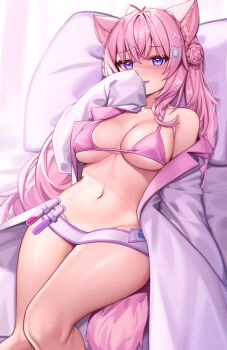 1girl animal_ears antenna_hair bikini bikini_top_only bikini_under_clothes blush braid braided_bun breasts cleavage crown_braid deaver double_bun fang feet_out_of_frame groin hair_bun hair_ornament hakui_koyori hand_up highres hololive lab_coat large_breasts long_hair long_sleeves looking_at_viewer navel no_panties off_shoulder pink_bikini pink_hair purple_eyes sleeves_past_fingers sleeves_past_wrists smile solo stomach string_bikini swimsuit tail test_tube twintails very_long_hair virtual_youtuber wolf_ears wolf_tail