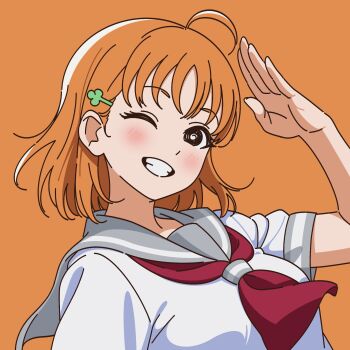 1girl ahoge arm_up asymmetrical_bangs blush breasts close-up clover clover_hair_ornament four-leaf_clover_hair_ornament grey_sailor_collar hair_ornament head_tilt highres looking_at_viewer love_live! love_live!_sunshine!! nose one_eye_closed orange_background orange_hair sailor_collar salute school_uniform serafuku short_hair short_sleeves simple_background sleeve_cuffs smile solo summer_uniform takami_chika upper_body uranohoshi_school_uniform uyu1023 wavy_hair