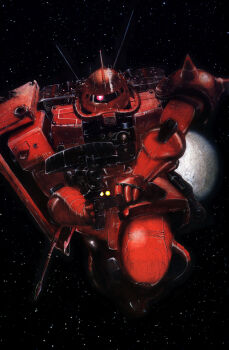 Rule 34 | 1980s (style), aiming, aiming at viewer, cable, gun, gundam, highres, holding, holding gun, holding weapon, kondou kazuhisa, machine gun, mecha, mecha focus, mobile suit, mobile suit gundam, no humans, oldschool, one-eyed, radio antenna, realistic, red eyes, redesign, retro artstyle, robot, scan, science fiction, shield, solo, space, star (sky), starry sky background, thrusters, traditional media, weapon, zaku ii, zaku ii s char custom, zeon, zero gravity