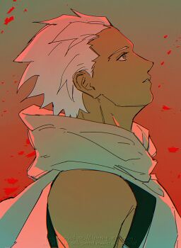 Rule 34 | 1boy, archer (fate), armor, black armor, breastplate, code3755, commentary request, dark-skinned male, dark skin, fate/stay night, fate (series), highres, male focus, scarf, solo, spiked hair, upper body, white hair