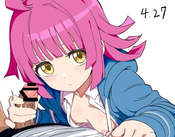 1boy 1girl ahoge bar_censor blue_hoodie blue_jacket blunt_bangs blunt_ends blush breasts censored closed_mouth collarbone collared_shirt dated emotionless_sex erection expressionless handjob hatohatoh hetero hood hood_down hooded_jacket hoodie jacket loli long_sleeves looking_at_viewer love_live! love_live!_nijigasaki_high_school_idol_club medium_hair nipple_stimulation nipple_tweak nipples open_clothes open_jacket open_shirt penis pink_hair pov shirt short_hair simple_background small_breasts solo_focus tennoji_rina white_background white_shirt yellow_eyes