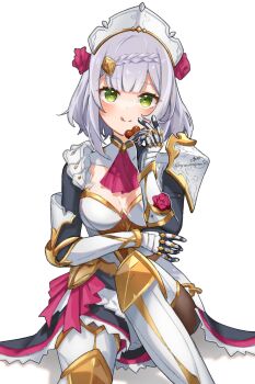 1girl :q armor ascot blunt_bangs blush braid candy chocolate chocolate_heart flower food genshin_impact gold_trim green_eyes grey_hair hair_flower hair_ornament heart heart-shaped_food heart-shaped_pupils highres holding holding_chocolate holding_food kyanonpan50 looking_at_viewer maid_headdress medium_hair noelle_(genshin_impact) red_flower red_rose rose shoulder_armor simple_background solo symbol-shaped_pupils tongue tongue_out twitter_username white_background