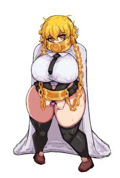 1girl black_necktie black_skirt black_thighhighs blonde_hair breasts brown_shoes cape chain chained chained_wrists collar cuffs cuffs-to-collar don_quixote_(project_moon) gloves gold_collar highres index_(identity)_(project_moon) jacket large_breasts limbus_company littleteze long_sleeves looking_at_viewer metal_collar necktie project_moon shirt shoes short_hair simple_background skirt solo sweat thick_thighs thighhighs thighs underwear white_background white_cape white_shirt yellow_eyes