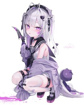 1girl antenna_hair bandaid bare_shoulders beret black_footwear black_neckerchief black_sailor_collar blood bloody_knife bloody_weapon collar dagger dress hair_intakes hair_ornament hat heart heart-shaped_lock highres holding holding_dagger holding_knife holding_weapon indie_virtual_youtuber jacket knife lock long_sleeves looking_at_viewer multicolored_hair neckerchief open_clothes open_jacket padlock padlocked_collar purple_blood purple_eyes purple_hair purple_jacket sailor_collar shu_bii shubii_(vtuber) skull_hair_ornament sleeves_past_fingers sleeves_past_wrists solo squatting stuffed_toy thighhighs tongue tongue_out virtual_youtuber weapon white_background white_dress white_thighhighs