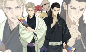 1girl 3boys bald bindi black_hair black_kimono blonde_hair blue_eyes brown_eyes closed_mouth commentary_request creature dark_nation drawn_mustache elena_(ff7) facial_hair facial_mark final_fantasy final_fantasy_vii flower goatee goggles goggles_on_head hagoita hair_between_eyes hair_flower hair_ornament highres holding holding_brush holding_paddle japan japanese_clothes kimono long_hair male_focus multiple_boys paddle parted_bangs parted_lips red_eyes red_hair reno_(ff7) rude_(ff7) rufus_shinra short_hair shou_rou spiked_hair sunglasses tan tseng upper_body