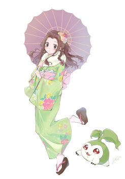 Rule 34 | absurdres, artist request, brown eyes, brown hair, digimon, digimon adventure, highres, japanese clothes, kimono, long hair, looking at viewer, pixiv user (4025235), simple background, tachikawa mimi, tanemon, white background