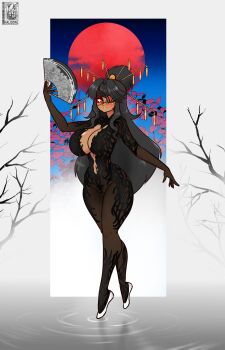 Rule 34 | 1girl, artist logo, bare tree, black bodysuit, black hair, blush, bodysuit, breasts, cleavage, dark-skinned female, dark skin, eyebrows hidden by hair, eyepatch, full body, hair bun, hand fan, highres, holding, holding fan, large breasts, logo, long hair, looking at viewer, moon, navel, open mouth, original, paper fan, red eyes, red moon, shoes, smile, solo, standing, standing on liquid, thehaloworkshop, tiptoes, tree, variant set, white shoes