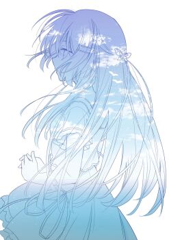 Rule 34 | 1girl, blue sky, chogi, cloud, commentary request, cowboy shot, day, floating hair, frilled skirt, frills, from side, hair ornament, hairclip, highres, interlocked fingers, limited palette, long hair, looking ahead, naruse shiroha, ocean, outdoors, own hands together, parallel hairclips, parted lips, profile, see-through silhouette, shirt, short sleeves, sidelocks, simple background, skirt, sky, solo, straight hair, summer pockets, very long hair, white background