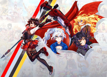 2boys 6+girls absurdres animal_ears anniversary blake_belladonna blonde_hair blue_eyes boots braid braided_ponytail breasts cape cat_ears cat_girl commentary crescent_rose english_commentary fingerless_gloves gloves grey_eyes hair_between_eyes highres holding holding_scythe jaune_arc lie_ren long_hair looking_at_viewer medium_breasts miku_(mikururun) miniskirt multiple_boys multiple_girls nora_valkyrie open_mouth penny_polendina pouch purple_eyes pyrrha_nikos red_hair ruby_rose rwby scar scar_across_eye scar_on_face scythe short_hair shorts skirt smile teeth thigh_boots thigh_pouch thigh_strap tongue watermark weiss_schnee white_hair yang_xiao_long yellow_eyes