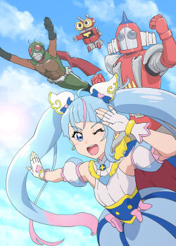 Rule 34 | 1girl, b-robo kabutack, blue cape, blue dress, blue eyes, blue hair, blue sky, bow, brooch, cape, cloud, cloudy sky, commentary request, cure sky, cut bangs, day, detached sleeves, dress, dress bow, earclip, earrings, fingerless gloves, gloves, gradient hair, hair ornament, highres, hirogaru sky! precure, jewelry, kamen rider, leaning forward, long hair, looking at viewer, magical girl, metal hero, multicolored hair, neo kamen rider, one eye closed, open mouth, outdoors, partial commentary, pink bow, pink hair, precure, puffy detached sleeves, puffy sleeves, red cape, salute, single earring, single sidelock, sky, skyrider, skyzel, sleeveless, sleeveless dress, smile, sora harewataru, standing, streaked hair, tobimasky, twintails, two-sided cape, two-sided fabric, two-tone dress, two-tone hair, uchuu tetsujin kyoudain, ueyama michirou, very long hair, white dress, white gloves, wing brooch, wing hair ornament