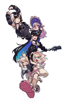 :> animal_ears black_dress black_hair blonde_hair blue_eyes blue_hair crop_top dog_ears dog_tail dress fangs fuwawa_abyssgard fuwawa_abyssgard_(1st_costume) gattai grey_hair headphones headphones_around_neck highres holding holding_microphone holoadvent hololive hololive_english horns koseki_bijou koseki_bijou_(new_year) long_hair lugiavn94 microphone midriff mococo_abyssgard mococo_abyssgard_(1st_costume) mole mole_under_eye multicolored_hair navel nerissa_ravencroft nerissa_ravencroft_(1st_costume) one_eye_closed pacifier pink_eyes purple_eyes red_eyes shiori_novella shiori_novella_(1st_costume) shorts skin_fangs split-color_hair tail very_long_hair virtual_youtuber white_shorts yellow_eyes