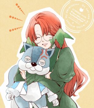 Rule 34 | 1girl, anger vein, au ra, calyx (ff14), closed eyes, commentary request, dragon horns, dress, eyebrows hidden by hair, final fantasy, final fantasy xiv, glasses, green dress, halmarut (ff14), highres, horns, hug, hug from behind, juliet sleeves, leeya (shironeko no shippo), light blush, lips, long hair, long sleeves, looking at viewer, open mouth, orange hair, puffy sleeves, scales, smile, stuffed squirrel