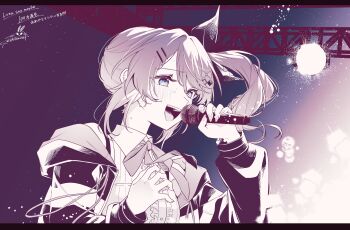 1girl absurdres center_frills commentary_request frills hair_ornament hairclip highres kashikaze kuramochi_meruto kuramochi_meruto_(1st_costume) long_hair long_sleeves microphone nail_polish neck_ribbon nijisanji open_mouth parallel_hairclips ribbon shirt side_ponytail signature sleeveless sleeveless_shirt solo sweat upper_body virtual_youtuber