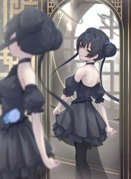 1girl 3ni3ni absurdres architecture bare_shoulders black_dress black_hair black_pantyhose blue_archive braid bun_with_braided_base commentary detached_sleeves double_bun dress east_asian_architecture grey_eyes grey_halo hair_bun halo highres kisaki_(blue_archive) kisaki_(dress)_(blue_archive) long_hair looking_at_reflection mirror official_alternate_costume pantyhose solo twintails