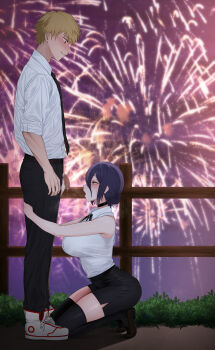 1boy 1girl breasts censored chainsaw_man commentary denji_(chainsaw_man) fireworks flaccid hair_bun hetero highres imminent_fellatio jjanda large_breasts medium_hair mosaic_censoring penis precum reze_(chainsaw_man)