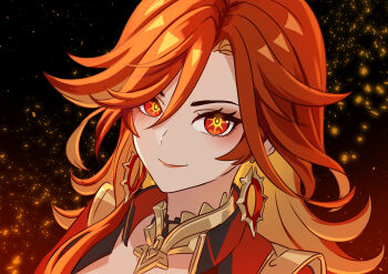 Rule 34 | 1girl, absurdres, dark background, earrings, embers, genshin impact, gradient background, highres, jewelry, kikka 0141, lipstick, long hair, looking at viewer, makeup, mavuika (genshin impact), multicolored hair, orange eyes, orange hair, red hair, smile, solo, two-tone hair, upper body, very long hair