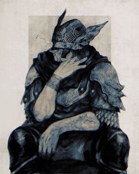 1boy arm_tattoo armor black_cape blue_surcoat burn_scar cape elden_ring elden_ring_nightreign feet_out_of_frame helmet highres monochrome musical_note scale_armor scar simple_background sitting solo spoken_musical_note tattoo vbtem2rhxc2qchk winged_helmet wylder_(elden_ring)