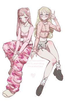 2girls adjusting_eyewear belt black_shoes blonde_hair blush bomhat camouflage camouflage_pants closed_mouth collarbone commentary earrings fingernails full_body grey_eyes grey_skirt hair_ornament hairclip heart heart_hair_ornament heart_necklace highleg highleg_leotard highres invisible_chair jewelry knee_blush leotard looking_over_eyewear loose_socks midriff miniskirt multiple_girls navel necklace original pants pink_eyes pink_hair pink_leotard pink_pants pink_sweater shoes sitting skirt smile socks stud_earrings sweater symbol-only_commentary tongue tongue_out twintails watermark white_socks wide-leg_pants