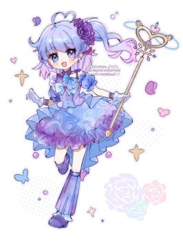 1girl :d ahoge artist_name bare_shoulders blue_bow blue_dress blue_leg_warmers blue_sleeves blush bow character_request commentary copyright_request detached_sleeves dress full_body gloves heart heart_ahoge highres holding holding_wand leg_warmers looking_at_viewer one_side_up open_mouth outline pink_hair purple_hair purple_shoes shoes short_hair short_sleeves simple_background sleeveless sleeveless_dress smile solo standing standing_on_one_leg wand watermark white_background white_gloves yukomeow