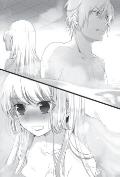 10s aiba_asagi akatsuki_kojou back-to-back blush breasts cleavage collarbone greyscale highres long_hair manyako_(mohumohu) medium_breasts mixed-sex_bathing monochrome novel_illustration official_art open_mouth shared_bathing split_screen strike_the_blood upper_body wet