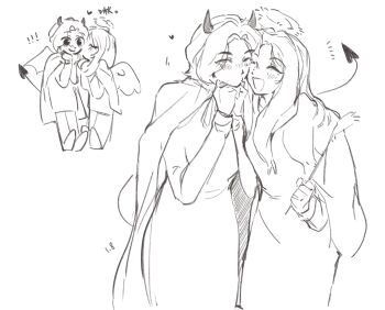 Rule 34 | 2girls, :3, :d, ^ ^, angel, angel and devil, animification, bae (nmixx), blush, cape, chinese commentary, closed eyes, closed mouth, commentary request, cowboy shot, demon horns, demon tail, dress, feathered wings, greyscale, highres, holding, horns, jiwoo (nmixx), kiss, kissing cheek, long hair, medium dress, mole, mole under eye, monochrome, multiple girls, multiple views, nmixx, nose blush, open mouth, real life, simple background, smile, tail, white background, wings, woodonly, yuri