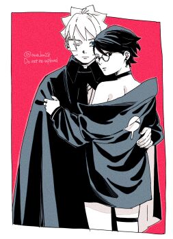 1boy 1girl arm_around_waist bare_shoulders blue_eyes boruto:_two_blue_vortex cloak clothes_grab commentary expressionless facial_mark glasses greyscale_with_colored_background highres jacket looking_back naruto_(series) one_eye_closed onka_(aun_ka28) scar scar_across_eye scar_on_face short_hair spot_color thigh_strap twitter_username uchiha_sarada uchiha_symbol uzumaki_boruto whisker_markings