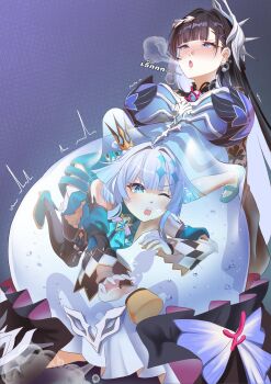 2girls bare_shoulders big_belly black_hair black_shrug black_thighhighs blue_dress blue_eyes blue_hair blush breasts cerydra_(honkai:_star_rail) chrysos_heirs_(honkai:_star_rail) colored_inner_hair crown detached_sleeves dress earclip earrings food gloves hair_ornament happycry head_ornament heavy_breathing highres honkai:_star_rail honkai_(series) hysilens_(honkai:_star_rail) jewelry large_breasts long_hair mini_crown multicolored_hair multiple_girls one_eye_closed pearl_earrings pudding purple_eyes see-through_body shrug_(clothing) stomach_bulge submerged thighhighs trembling very_long_hair vore