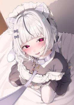 1girl absurdres animal_ear_fluff animal_ears apron black_bow black_dress black_eyes black_hair blunt_bangs blush bow breasts button_gap cleavage collar commentary_request dress fang frilled_apron frills from_above heart heart-shaped_pupils highres indie_virtual_youtuber leash looking_at_viewer medium_breasts mole mole_under_eye multicolored_hair nen_0405 off_shoulder open_mouth pantyhose second-party_source sofia_blanche solo streaked_hair symbol-shaped_pupils tail virtual_youtuber watermark white_pantyhose