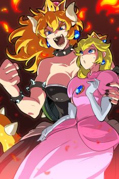 Rule 34 | 2girls, 71 (nanaichi drafting), angry, armlet, bare shoulders, blonde hair, blue eyes, bowsette, bracelet, breasts, clenched hand, collar, crown, dress, earrings, elbow gloves, fangs, gloves, horns, jewelry, large breasts, long hair, looking at another, mario (series), medium breasts, multiple girls, nail polish, new super mario bros. u deluxe, nintendo, open mouth, pink dress, princess peach, spiked bracelet, spiked collar, spikes, super crown