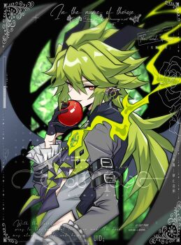 Rule 34 | 1210534020, 1boy, alternate costume, aotu world, apple, arm belt, ascot, belt, black ascot, black belt, black gloves, black horns, black wings, blurry, chinese commentary, clothing cutout, commission, demon boy, demon horns, demon wings, earrings, eating, english text, fire, flower, food, frilled sleeves, frills, from side, fruit, gloves, green fire, green hair, grey jacket, grey shirt, hair between eyes, halloween costume, hand on own hip, hand up, highres, holding, holding food, holding fruit, horns, jacket, jewelry, long hair, long sleeves, looking at viewer, low ponytail, male focus, multicolored eyes, pointy ears, ponytail, red eyes, sample watermark, shirt, sidelocks, smile, solo, watermark, wings, xander (aotu world), yellow eyes