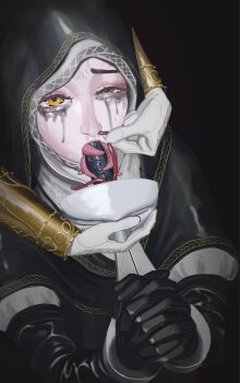 1girl absurdres applying_gag begging black_background black_gloves bound bound_arms brown_eyes cape commentary crying crying_with_eyes_open dildo_gag dildo_under_mask elden_ring elden_ring_nightreign female_focus gag gloves highres looking_at_viewer mask multiple_tongues newkay22 nose_tube nun pillory restrained simple_background solo tears undertaker_(elden_ring)