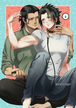 Rule 34 | 2boys, absurdres, angeal hewley, animal collar, aqua border, barefoot, beard, black hair, black pants, blush, border, chinstrap beard, collar, collared shirt, commentary request, crisis core: final fantasy vii, facial hair, final fantasy, final fantasy vii, furrowed brow, grey pants, grey shirt, hair slicked back, hand in another's hair, highres, holding, holding leash, leash, male focus, medium hair, multiple boys, pale skin, pants, parted lips, red background, shakunage1, shirt, sitting, sitting on lap, sitting on person, sleeves rolled up, smile, spoken sweatdrop, sweatdrop, t-shirt, tan, twitter username, white shirt, yaoi, zack fair