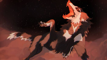 animal animal_ears animal_focus animal_hands blackscour claws dark dark_background dog_paws fangs fog full_body light_particles multicolored_fur no_humans open_mouth original running sharp_teeth teeth watermark wolf