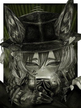 1boy 1girl absurdres animal_ear_fluff animal_ears arknights beanstalk_(arknights) blank_censor blush braid censored closed_eyes commentary_request ears_through_headwear fellatio gloves greyscale hair_between_eyes hetero highres hyena_ears hyena_girl hyena_tail id_card kyoeikyoei52906 long_hair long_sleeves monochrome oral penis pov saliva single_braid single_glove
