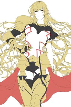 Rule 34 | 1girl, armor, blonde hair, breasts, fate (series), gauntlets, genderswap, genderswap (mtf), gilgamesh (fate), greaves, highres, hip armor, long hair, looking at viewer, midriff, mr rvelvet, shoulder armor, simple background, solo, tagme, tattoo, underboob, waist cape, white background