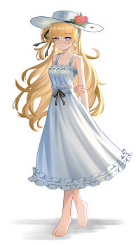 1girl absurdres alternate_costume arm_behind_back bare_shoulders barefoot black_ribbon blonde_hair blue_eyes blush breasts closed_mouth collarbone commentary dongyun_hua dress feet flower full_body hair_ribbon hairband hat hat_flower highres long_hair looking_at_viewer medium_breasts one_side_up phoebe_(wuthering_waves) ribbon rose simple_background smile solo standing toenails toes white_background white_dress white_hairband white_hat wuthering_waves