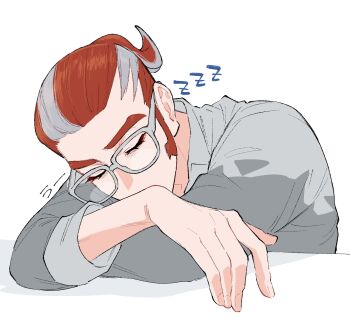 1boy collared_shirt commentary_request glasses grey_shirt grisham_(pokemon) highres male_focus multicolored_hair nintendo oshiyoarigato pokemon pokemon_legends:_z-a ponytail red_hair shirt sideburns simple_background sleeping solo streaked_hair white-framed_eyewear white_background white_hair zzz