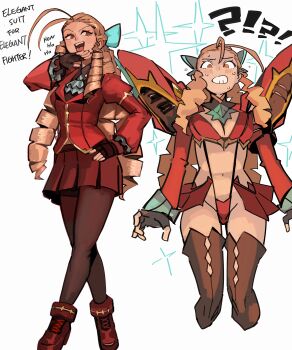 Rule 34 | !?, 1girl, 33dot, absurdres, antenna hair, ascot, black pantyhose, blonde hair, blue ascot, blush, boots, bow, breasts, brown eyes, commission, drill hair, embarrassed, english text, fingerless gloves, forehead, four-pointed star, gloves, hair bow, highres, jacket, kamui (kill la kill), kanzuki karin, kill la kill, life fiber, living clothes, long hair, microskirt, navel, ojou-sama pose, pantyhose, parody, pixiv commission, red jacket, red serafuku, revealing clothes, ringlets, school uniform, serafuku, shorts, shorts under skirt, skirt, smile, solo, star (symbol), street fighter, street fighter v, street fighter zero (series), suspenders, sweatdrop, thigh boots, thighhighs