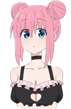 Rule 34 | 1girl, :o, alternate hairstyle, bikini, black bikini, blue eyes, bocchi the rock!, breasts, choppy bangs, cleavage, cleavage cutout, clothing cutout, commentary request, dot nose, double bun, frilled bikini, frills, gotoh hitori, hair between eyes, hair bun, heart cutout, highres, large breasts, long bangs, looking at viewer, parted lips, simple background, solo, swimsuit, te raria, upper body, white background