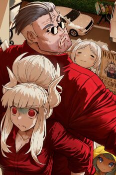 3boys 3girls :3 =_= black_eyes black_hair blue_eyes blush car closed_eyes crossover demon_girl demon_horns elf english_text frieren furrowed_brow glasses green_hair hair_bun haraya_manawari helltaker helltaker_(character) hibiki_ryouga highres holding holding_map horns jubilee_2025 knife knifed leaning_on_person looking_back luce_(jubilee_2025) lucifer_(helltaker) map mole mole_under_eye motor_vehicle multiple_boys multiple_crossover multiple_girls nervous nervous_sweating one_piece paralysis pointy_ears raincoat red_eyes red_shirt roronoa_zoro scared shaded_face shirt smile sousou_no_frieren sunglasses sweat sweatdrop v-shaped_eyebrows wanted_poster white_hair white_horns yellow_raincoat