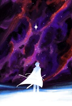 Rule 34 | 1boy, coat, demon horns, from behind, full body, galaxy, highres, horizon, horns, kim dokja, limited palette, male focus, night, official alternate costume, omniscient reader&#039;s viewpoint, open clothes, open coat, outdoors, popped collar, scabbard, sheath, sky, solo, space, sparkle, standing, star (sky), starry sky, tangerinegod, white coat, wind, wind lift