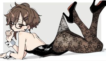 asami-chan ass back black_leotard body_freckles breasts brown_eyes brown_hair closed_mouth detached_collar earrings freckles full_body glasses high_heels highres jewelry lace_pantyhose lace_pantyhose_hooked_on_heel_(meme) leotard looking_at_viewer looking_back lying meme on_stomach original short_hair shoulder_freckles small_breasts thighs wrist_cuffs