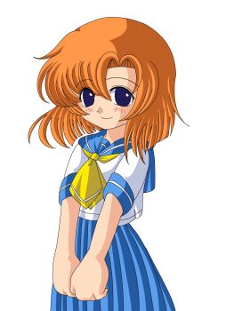 1girl blue_eyes blue_sailor_collar blue_skirt commentary english_commentary highres higurashi_no_naku_koro_ni looking_at_viewer medium_hair neckerchief nekotorine orange_hair own_hands_together parody ryukishi07_(style) ryuuguu_rena sailor_collar school_uniform serafuku skirt smile solo style_parody umineko_no_naku_koro_ni upper_body white_serafuku yellow_neckerchief