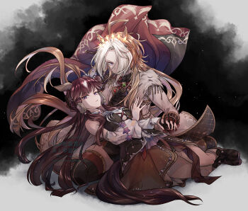 2girls ahoge animal_ears ascot black_ascot black_corset black_gloves blue_eyes blunt_bangs bow breasts brown_hair cape coat commentary_request corset detached_sleeves ear_covers ear_ornament floating_hair flower fur_trim gem gloves green_gemstone hair_between_eyes hair_ornament hair_over_one_eye highres holding_hands horse_ears horse_girl horse_tail jacket large_breasts long_hair long_sleeves looking_at_viewer lucky_lilac_(umamusume) lying_on_person multicolored_hair multiple_girls orange_hair orfevre_(control)_(umamusume) orfevre_(umamusume) parted_lips purple_eyes red_cape shirt side_ponytail simple_background single_ear_cover skirt tail two-tone_hair umamusume very_long_hair white_coat white_hair white_shirt yue_(lov_n_n)