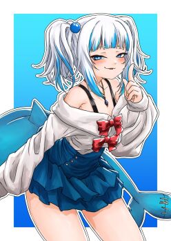 1girl alternate_costume alternate_hairstyle bare_legs bare_shoulders blue_background blue_eyes blue_hair blue_skirt blunt_bangs border bow cardigan commentary english_commentary eyebrows_hidden_by_hair fins fish_tail gawr_gura highres hololive hololive_english jewelry looking_at_viewer multicolored_hair necklace off-shoulder_cardigan off_shoulder red_bow shark_girl shark_tail short_hair simple_background skirt smirk solo spaghetti_strap stitched_tail streaked_hair superfann tail twintails virtual_youtuber white_border white_cardigan white_hair